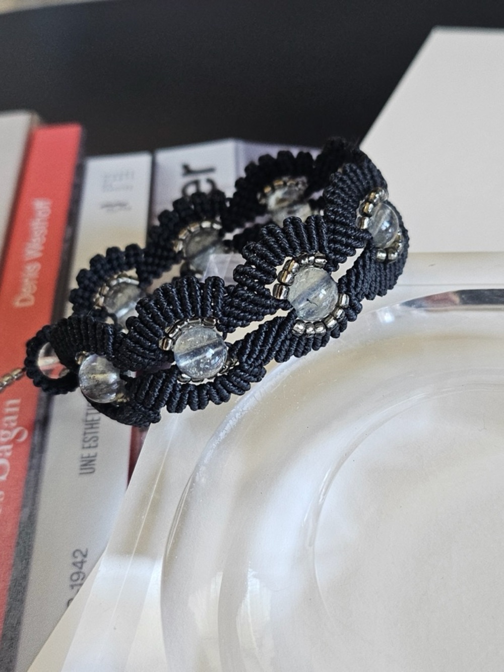 Handmade Black Macramé Bracelet with Natural Aquamarine Beads